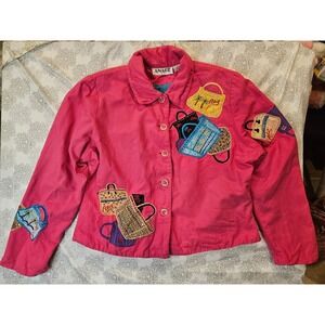 VTG Anage Embellished Jacket Novelty Applique Pink Cotton Button Up Coat Large‎